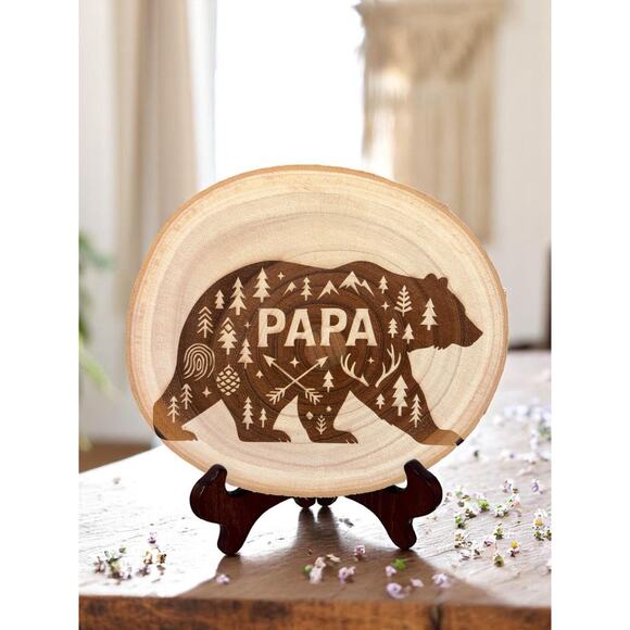Personalized Papa Bear Wood Slice Engraving with Kids’ Names | Rustic Papa Gift - Picture 1 of 4